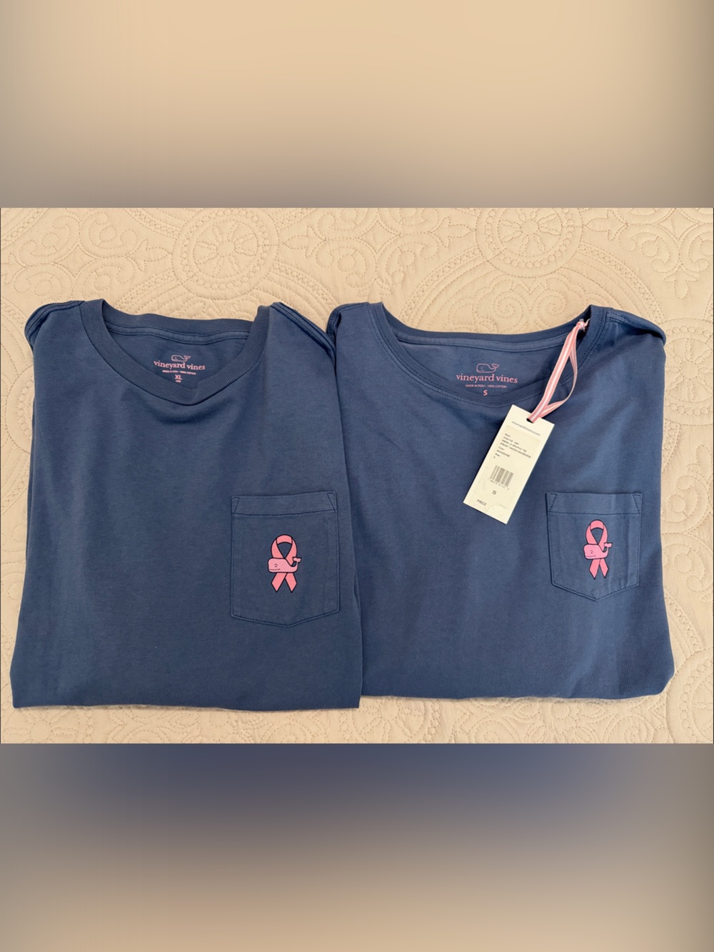 Vineyard Vines Navy Tee with Pink Ribbon Pocket Breast Cancer Ribbon